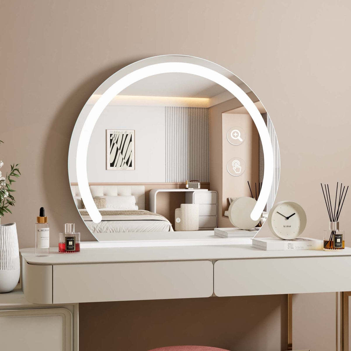 STAWDY Vanity Mirror with Lights, 32x26 inch LED Lighted Makeup Mirror with USB Charging Port, Round Makeup Mirror, 3 Colors Lighting, Dimmable for Tabletop, Bedroom