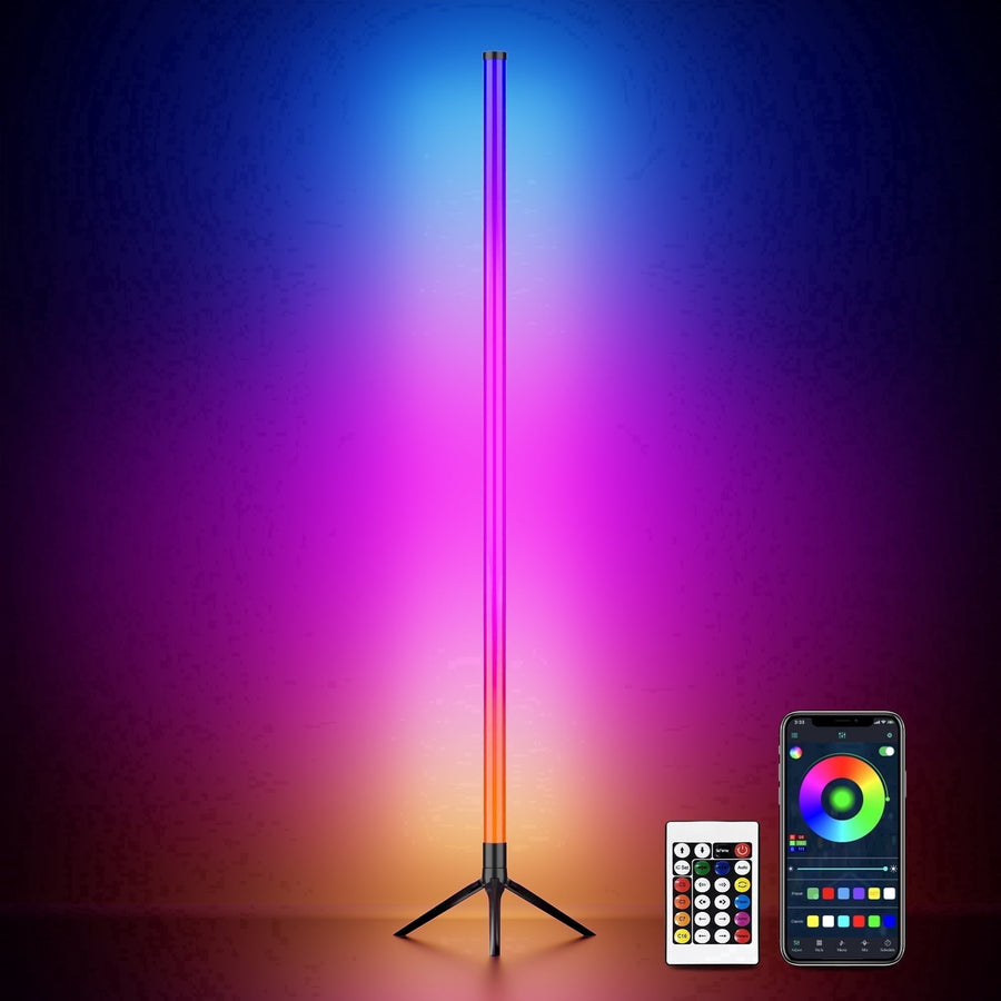 VOLIVO LED Corner Floor Lamp, 1.6 meters 360°Color Changing Lamp with Bluetooth APP, Remote Control, Music Sync, 16 Million DIY Colors & Timing,black, for Living Room Gaming Room（1pack）