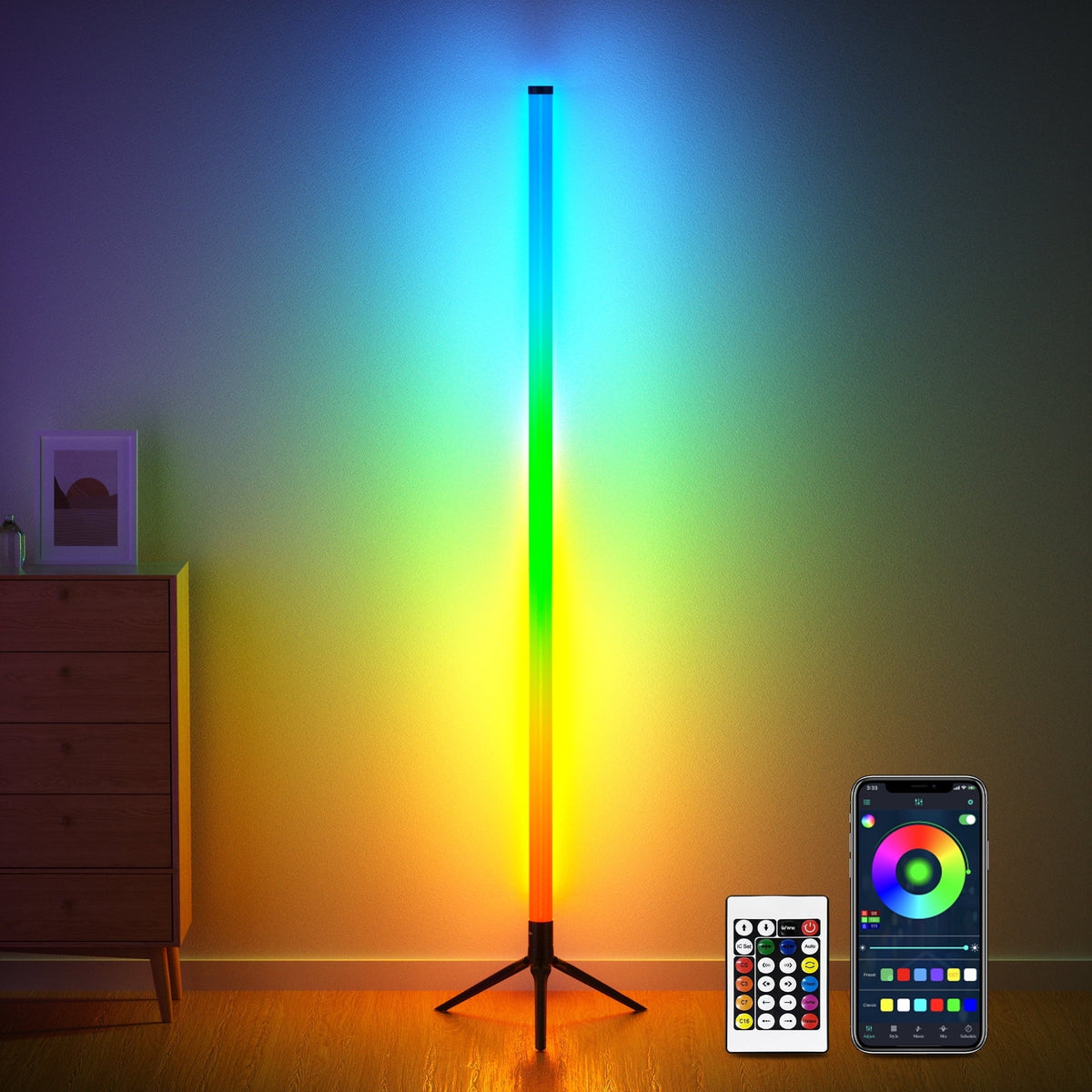 VOLIVO LED Corner Floor Lamp,360°Color Changing Lamp with Bluetooth APP, Remote Control, Music Sync, 16 Million DIY Colors & Timing for Living Room Gaming Room（1 pack）