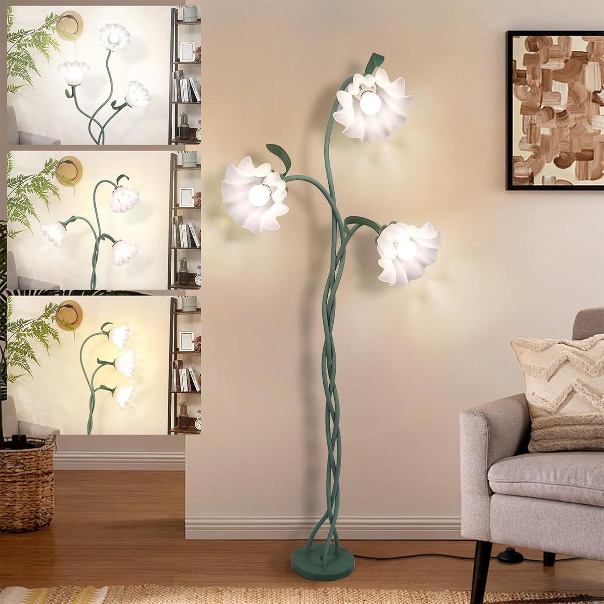 Vintage Flower Floor Lamp for Girls' Bedroom, Cute 3 Heads Floor Reading Light with Flexible Gooseneck, 3 Colors Modern Corner Standing Lamp with Lily for Living Room Office Home Decor,Bulbs Included