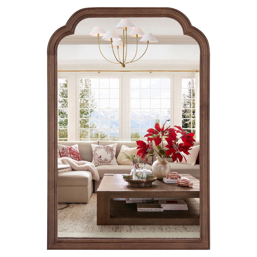 WallBeyond Wood Frame Rounded Corner Arch Rectangle Wall Mirror for Bathroom, 20" × 30", Walnut