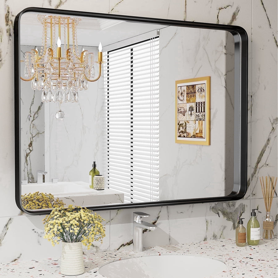 JIOABL 40"x 30" Shatterproof Bathroom Mirror with Black Metal Frame - Tempered Glass, 2 Sided，Anti-Rust for Vanity Wall Decor