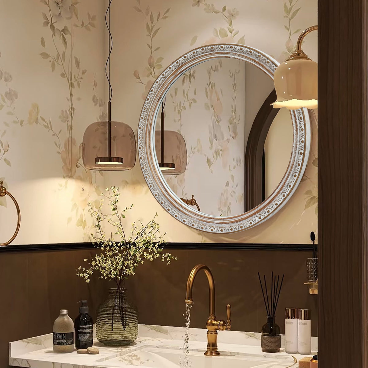 GDF Studio 23.62" Ornate Round Wall Mirror, Distressed Silver-Gold Carved Frame, Decorative Accent, Ancient White